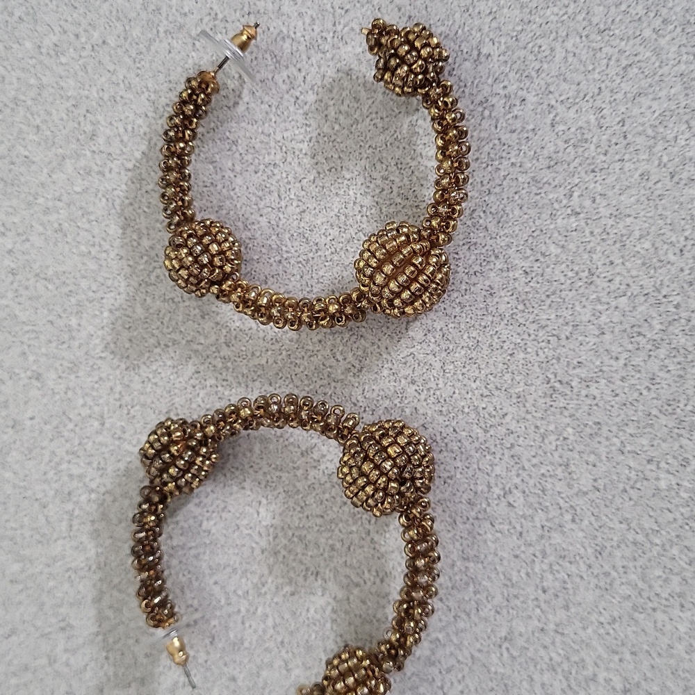 Gold-Tone Beaded Hoop Earrings - Fashion Jewelry - Picture 3 of 7